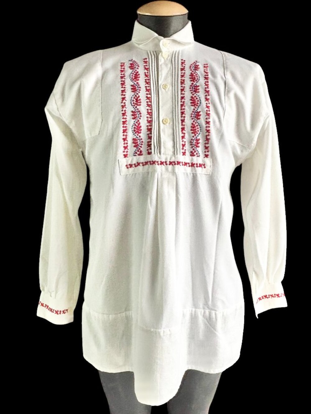 Men's Hungarian White Polycotton Red Blue Embroidered Full Sleeve Folk Shirt